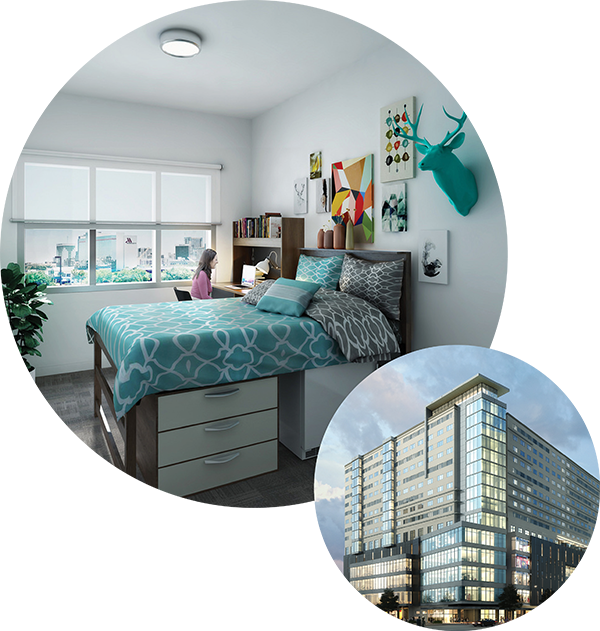 Photo of student in contemporary dorm room with inset exterior image of UnionWest building