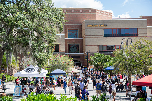 students walking in front of the student union