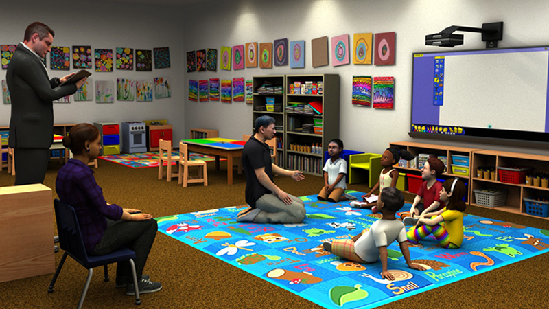 virtual classroom with teacher and children interacting