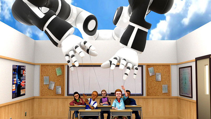 virtual image of robotic hands in front of chid students raising hands at their desks