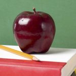 apple, book, pencil