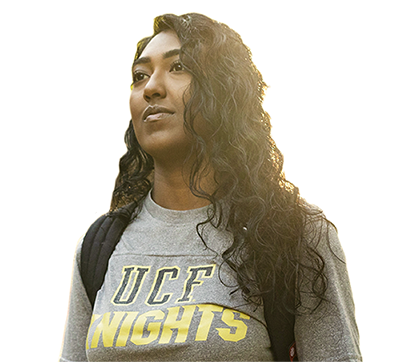 student wearing UCF Knights tshirt