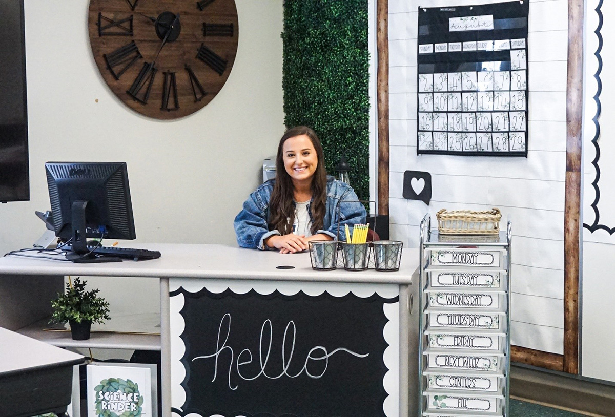 Third-grade teacher Karlie Braddy at her new desk. 