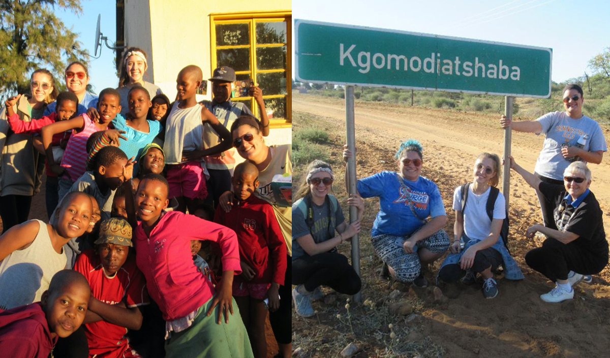 UCF students and children in Botswana and UCF students standing under Kgomodiatshaba sign