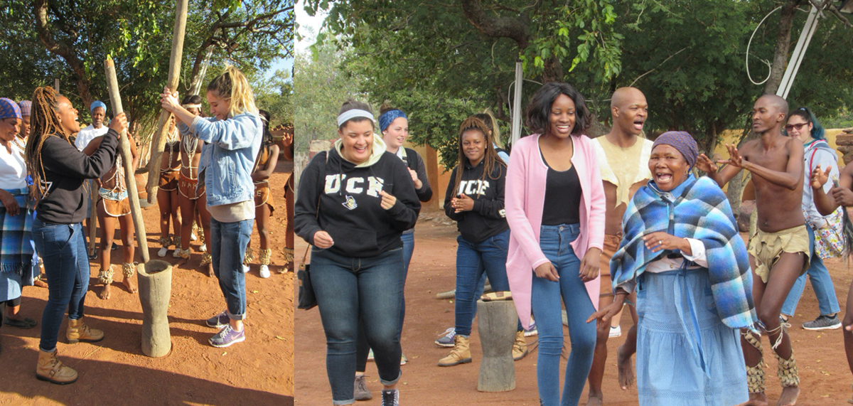UCF students with people from Botswana dancing and singing