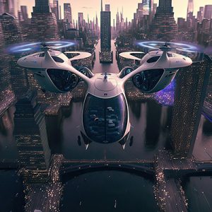 drone flying over futuristic city