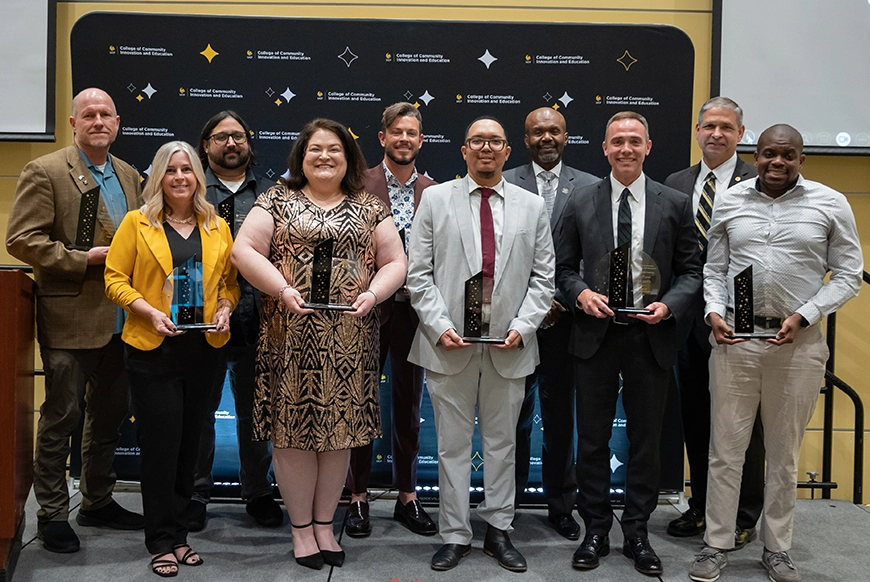 The 2025 CCIE Celebration Knight honorees include eight Distinguished Alumni, one Noble Knight and one Partnership of Distinction recipient. (Photo by Danielle Hendrix) Celebration Knight 2025 Awardees Group photo