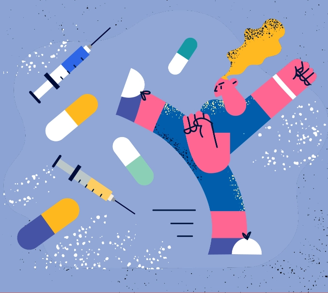 Illustration of man fighting pills and syringes