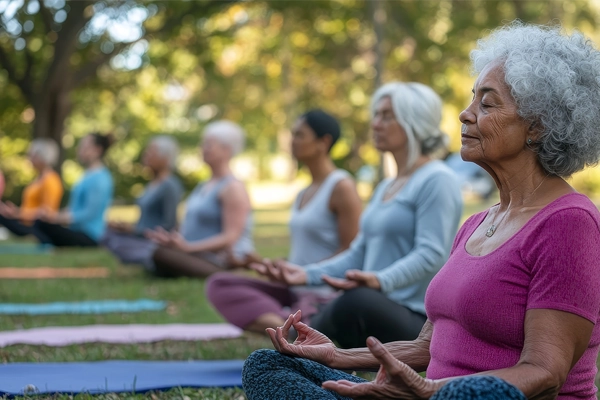 Seniors practicing yoga/meditation in park