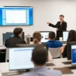 students in lecture with computer screens