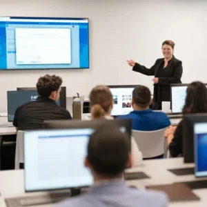 students in lecture with computer screens