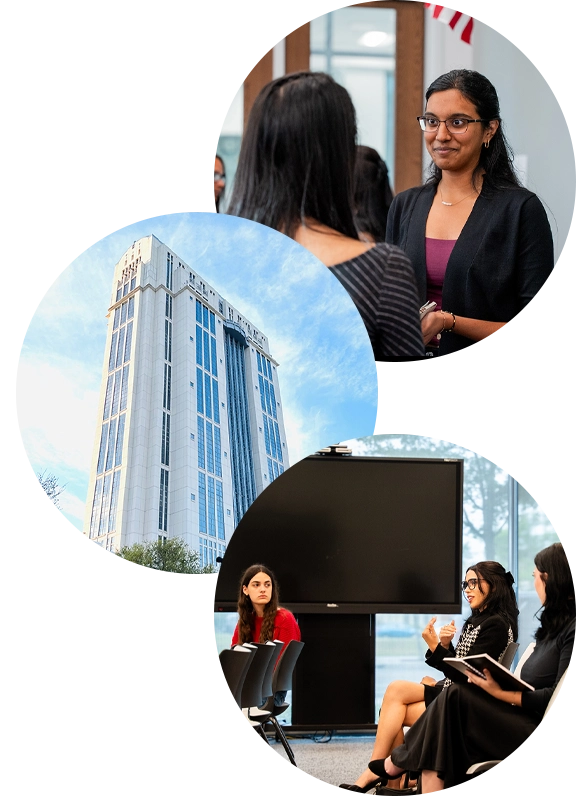 collage of students interracting and courthouse building