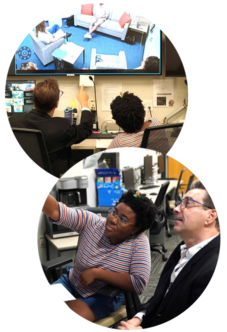 Collage of Faculty and student looking at large screens in CCRC