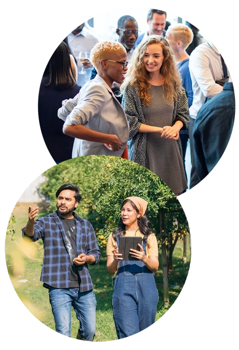 Collage: Group socializing at social event; farmer harvesting fruit field