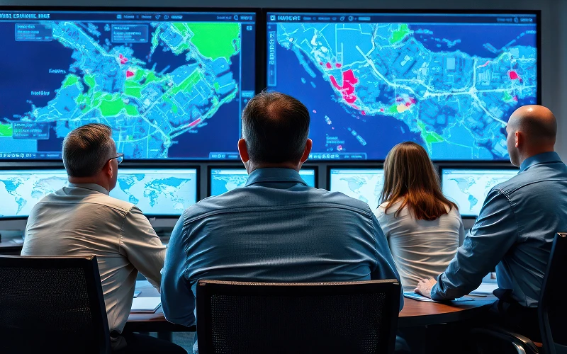 Emergency management staff monitoring weather on multiple screens