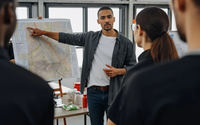 Man pointing at display during meeting