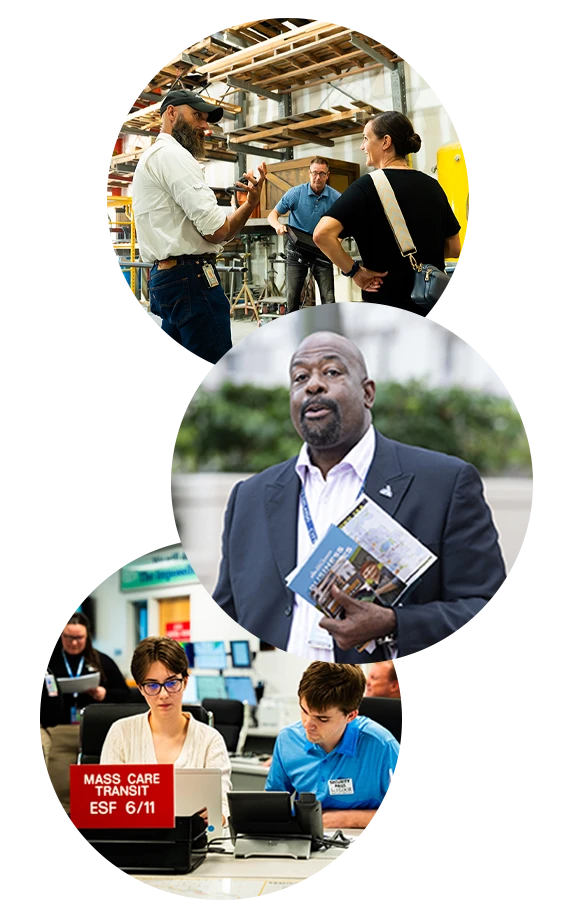 Collage of man holding brochure, transit workers and industrial workers working together