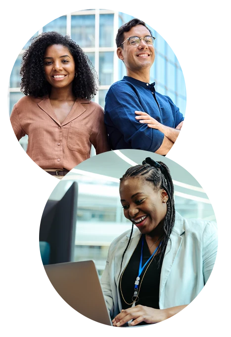 Collage: Two smiling students and a smiling woman working on laptop