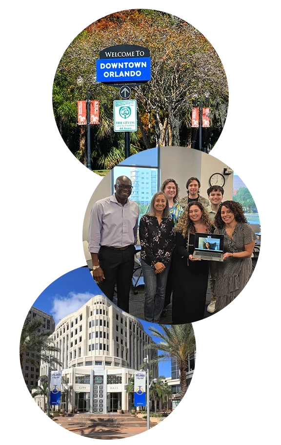 Collage of downtown Orlando buildings and signs, and Dr. Sadiq with students