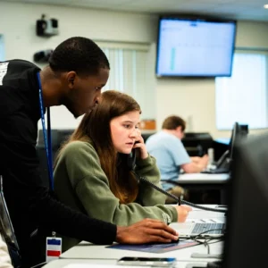 Male and female students looking at computer screen