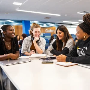 Four students collaborating at table