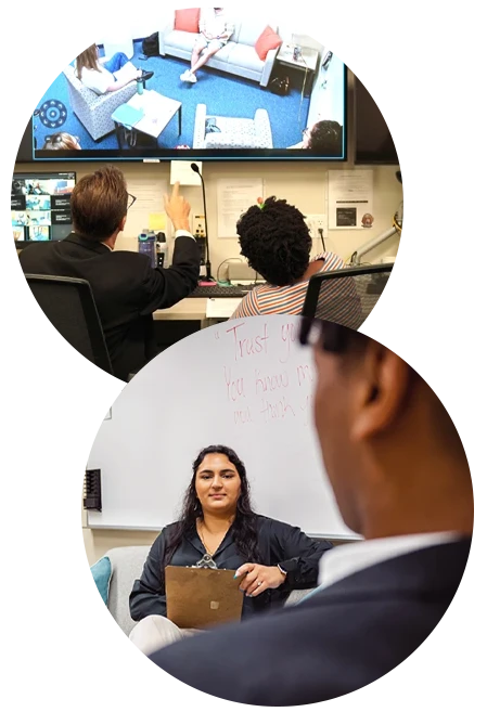 Collage of faculty and student looking at large screens in CCRC; man and woman in counseling session
