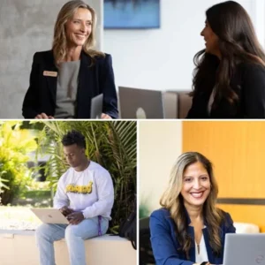 A collage of people working on laptops in various settings inside and outside