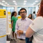 Bikash Adhikari speaking with woman at research conference